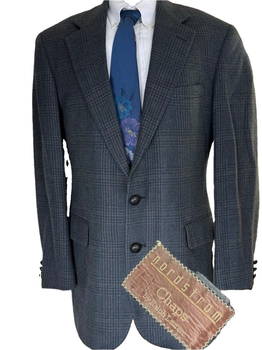 Ralph Lauren CHAPS Vtg 70’s 44R Blue Tweed Blazer Sport Coat Leather Buttons